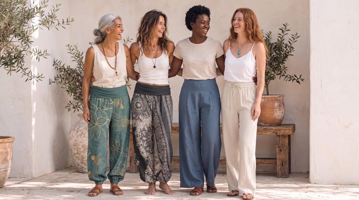 Four women standing together in harem, wide-leg and linen-feel pants