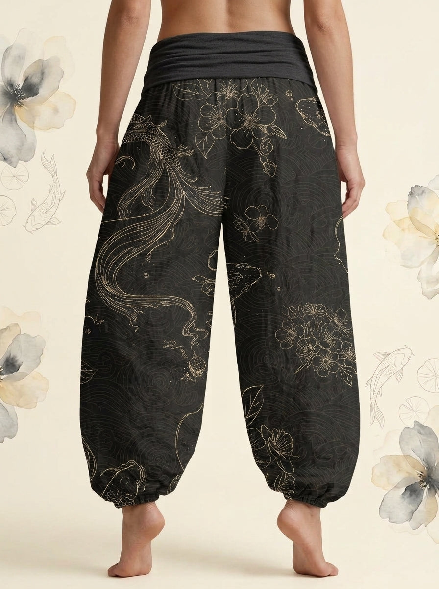 Koi Floral Cotton Harem Pants in Black, back view