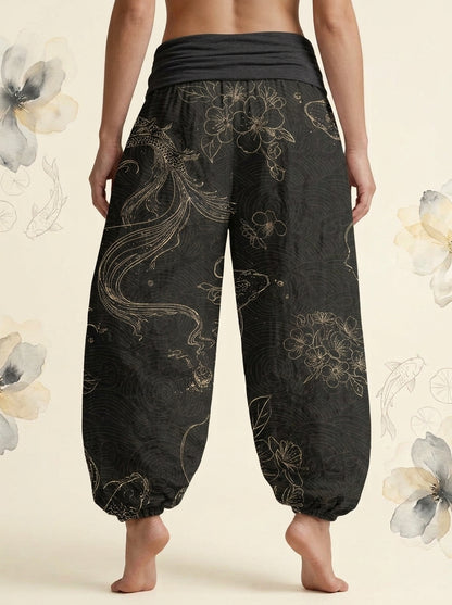 Koi Floral Cotton Harem Pants in Black, back view
