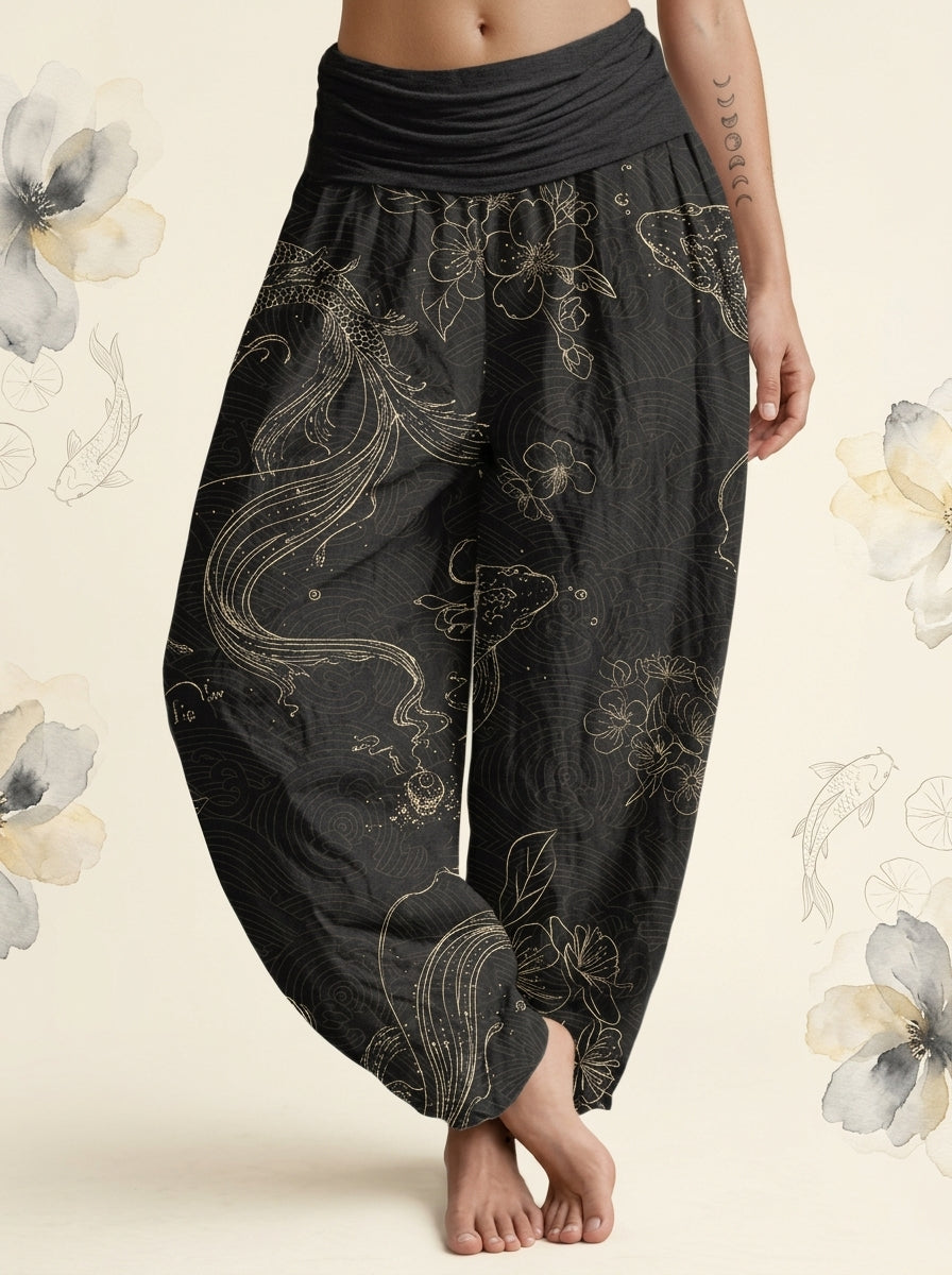 Koi Floral Cotton Harem Pants in Black, front view