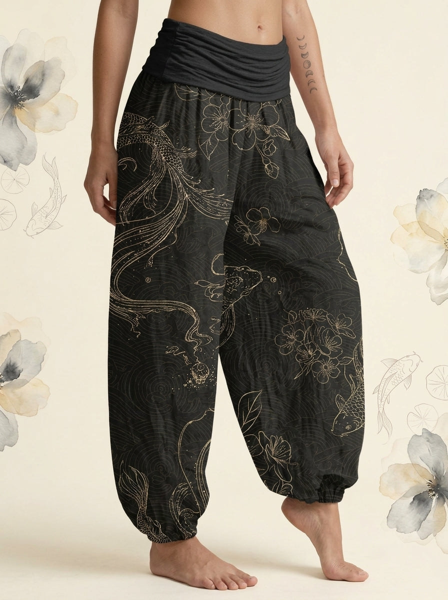 Koi Floral Cotton Harem Pants in Black, side view