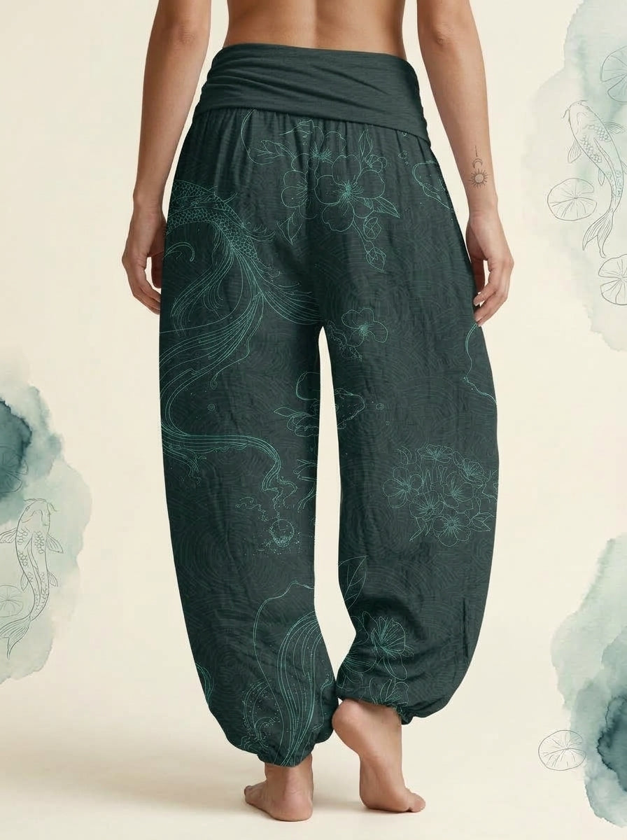 Koi Floral Cotton Harem Pants in Dark Cyan, back view