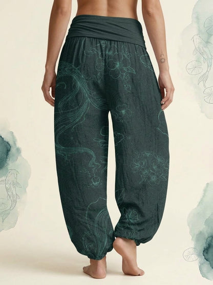 Koi Floral Cotton Harem Pants in Dark Cyan, back view