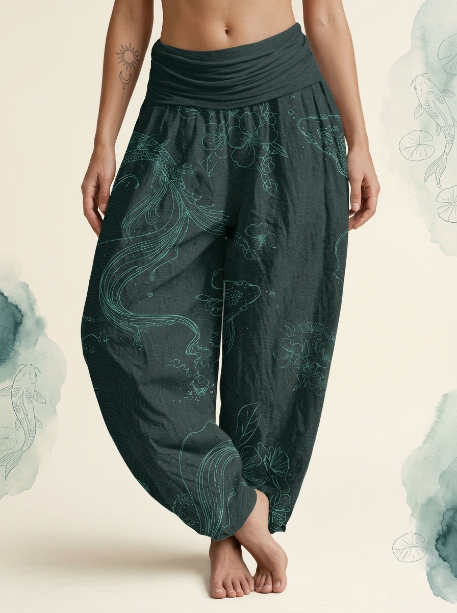 Koi Floral Cotton Harem Pants in Dark Cyan, front view