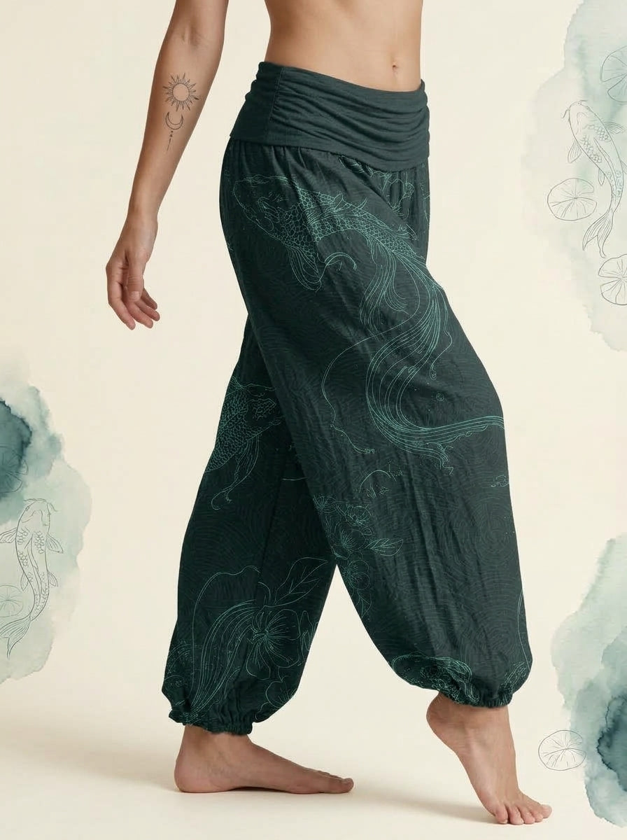 Koi Floral Cotton Harem Pants in Dark Cyan, side view