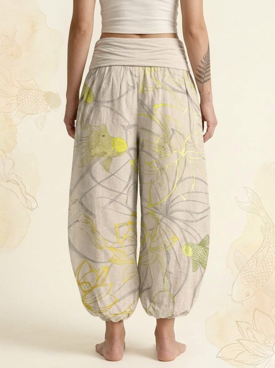 Koi & Lotus Cotton Harem Pants in Beige, back view