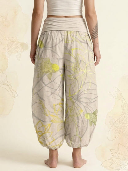 Koi & Lotus Cotton Harem Pants in Beige, back view