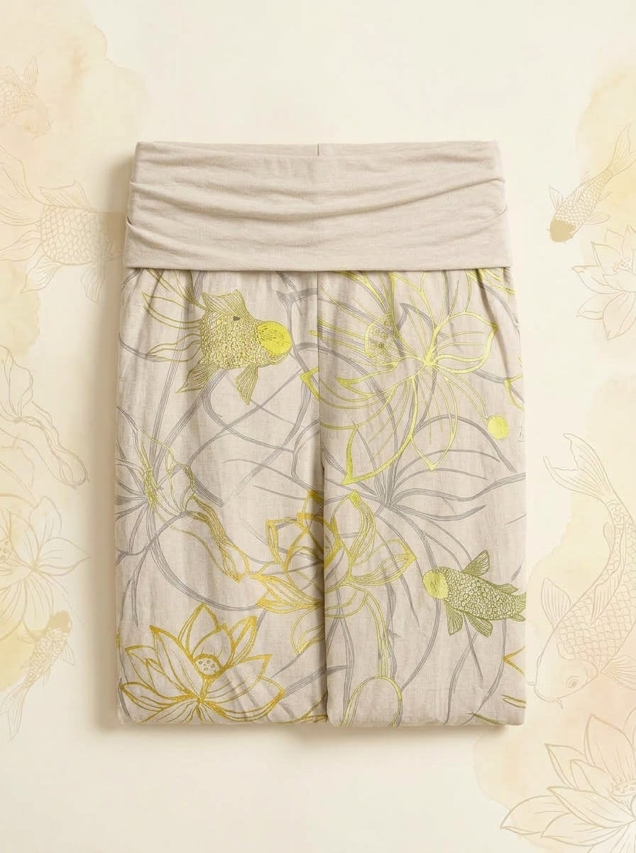 Koi & Lotus Cotton Harem Pants in Beige, folded flat