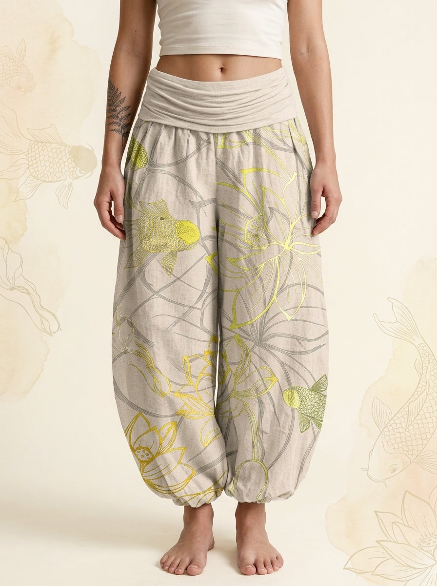 Koi & Lotus Cotton Harem Pants in Beige, front view