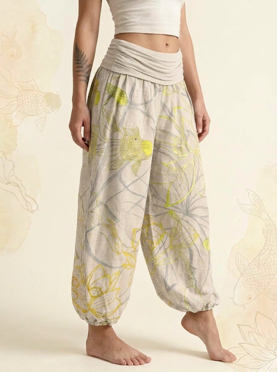 Koi & Lotus Cotton Harem Pants in Beige, side view