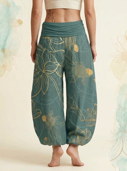 Koi & Lotus Cotton Harem Pants in Dark Cyan, back view