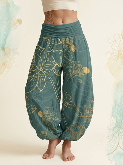 Koi & Lotus Cotton Harem Pants in Dark Cyan, front view