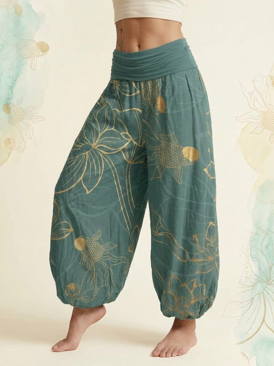Koi & Lotus Cotton Harem Pants in Dark Cyan, side view
