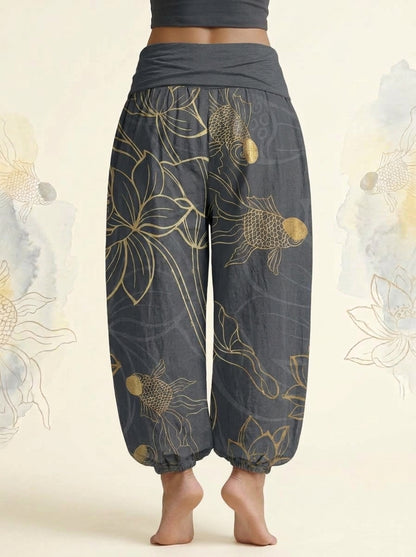 Koi & Lotus Cotton Harem Pants in Dim Gray, back view