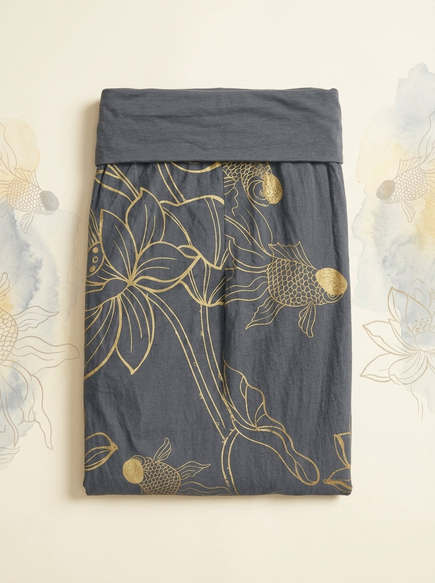 Koi & Lotus Cotton Harem Pants in Dim Gray, folded flat