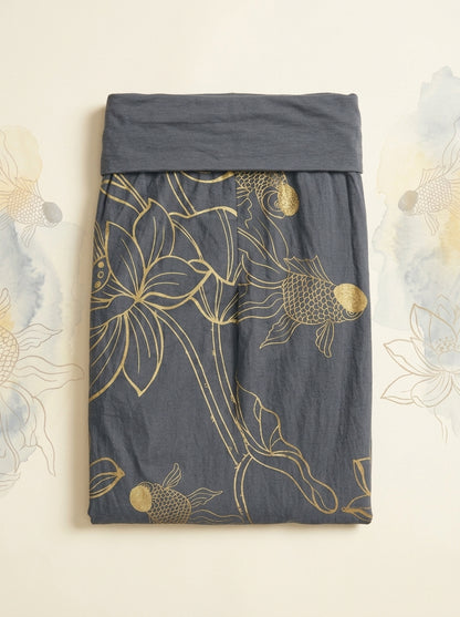 Koi & Lotus Cotton Harem Pants in Dim Gray, folded flat