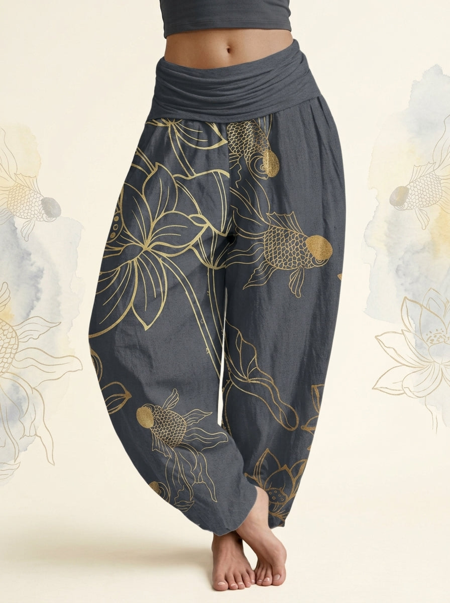 Koi & Lotus Cotton Harem Pants in Dim Gray, front view