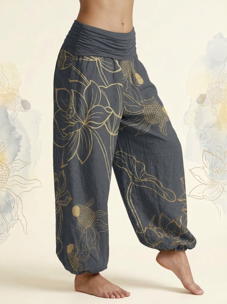 Koi & Lotus Cotton Harem Pants in Dim Gray, side view