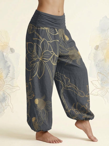 Koi & Lotus Cotton Harem Pants in Dim Gray, side view