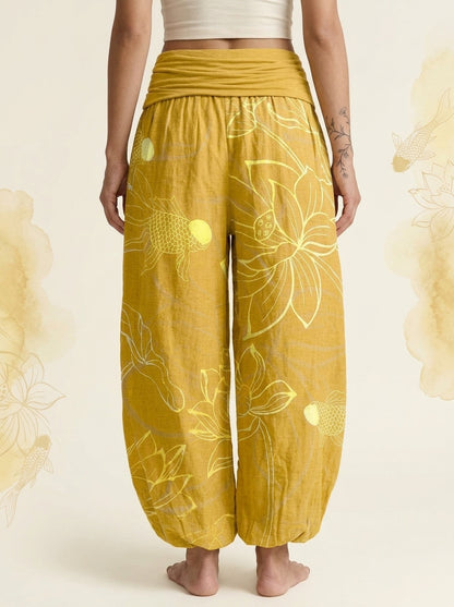 Koi & Lotus Cotton Harem Pants in Gold, back view