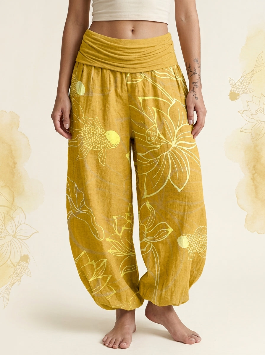 Koi & Lotus Cotton Harem Pants in Gold, front view