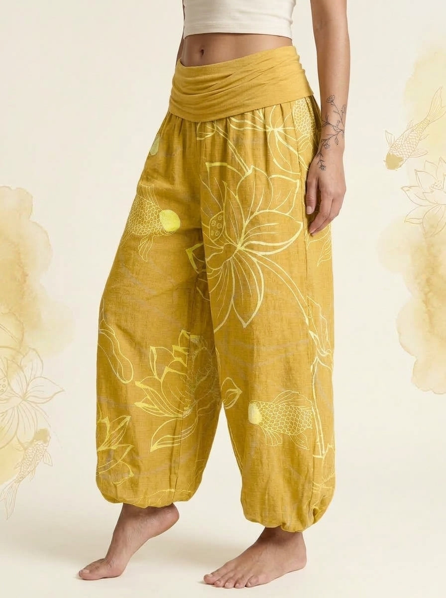 Koi & Lotus Cotton Harem Pants in Gold, side view