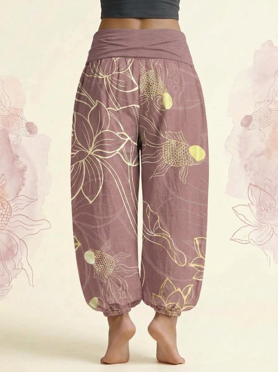 Koi & Lotus Cotton Harem Pants in Pale Violet Red, back view