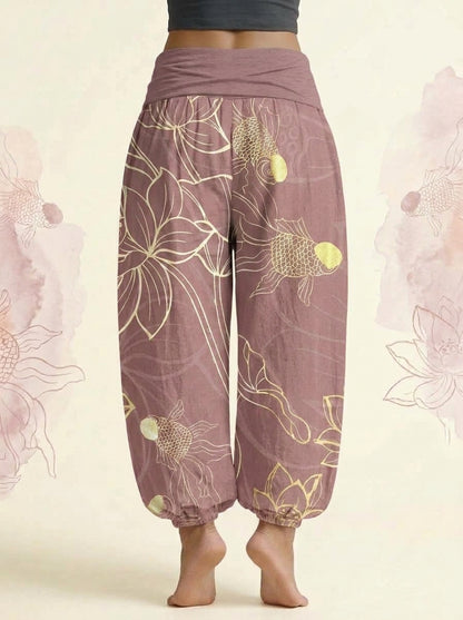 Koi & Lotus Cotton Harem Pants in Pale Violet Red, back view
