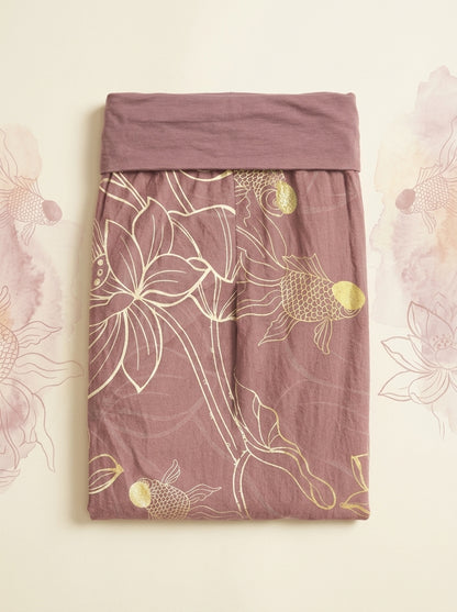Koi & Lotus Cotton Harem Pants in Pale Violet Red, folded flat
