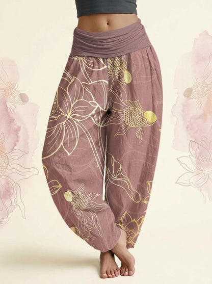 Koi & Lotus Cotton Harem Pants in Pale Violet Red, front view