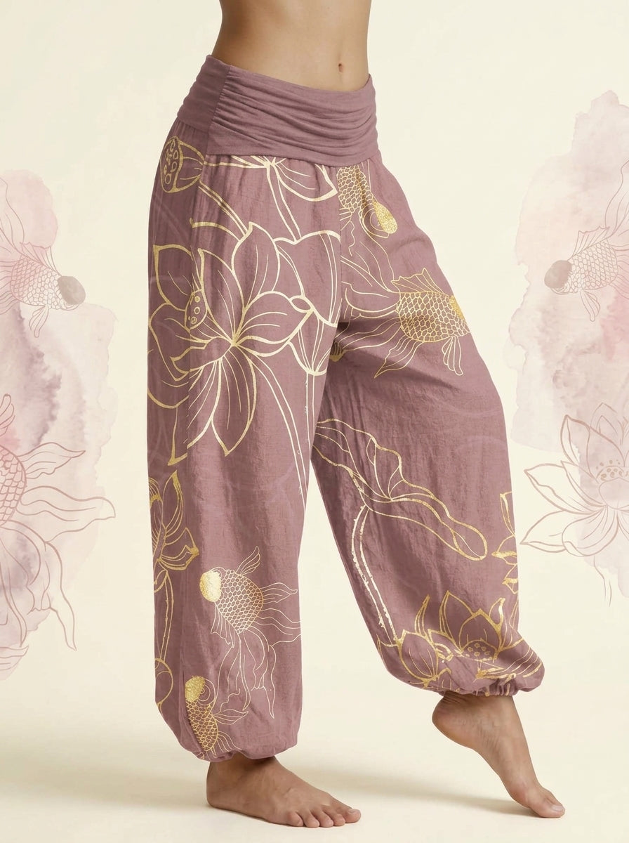 Koi & Lotus Cotton Harem Pants in Pale Violet Red, side view