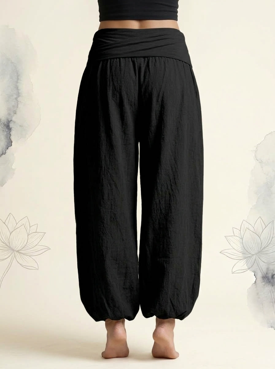 Lotus & Om Cotton Harem Pants in Black, back view