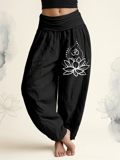 Lotus & Om Cotton Harem Pants in Black, front view