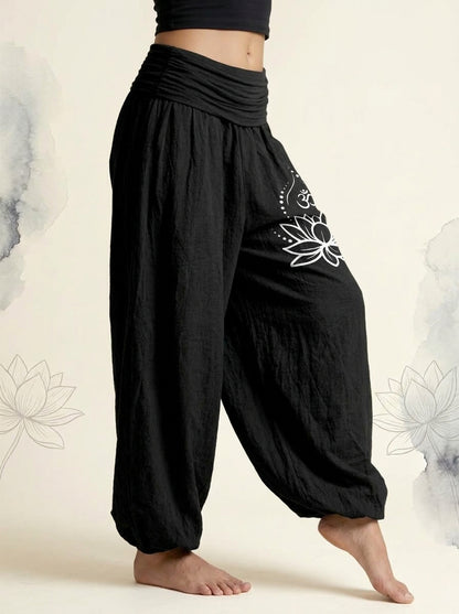 Lotus & Om Cotton Harem Pants in Black, side view