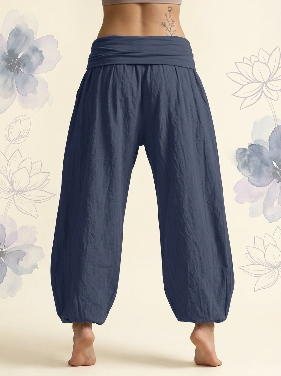 Lotus & Om Cotton Harem Pants in Dark Slate Blue, back view