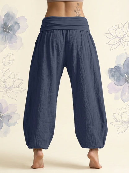 Lotus & Om Cotton Harem Pants in Dark Slate Blue, back view