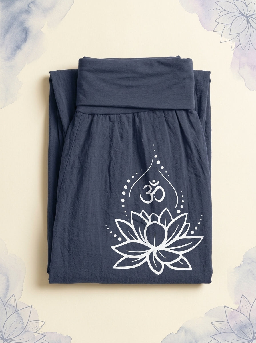 Lotus & Om Cotton Harem Pants in Dark Slate Blue, folded flat