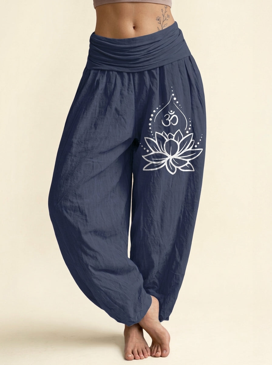Lotus & Om Cotton Harem Pants in Dark Slate Blue, front view