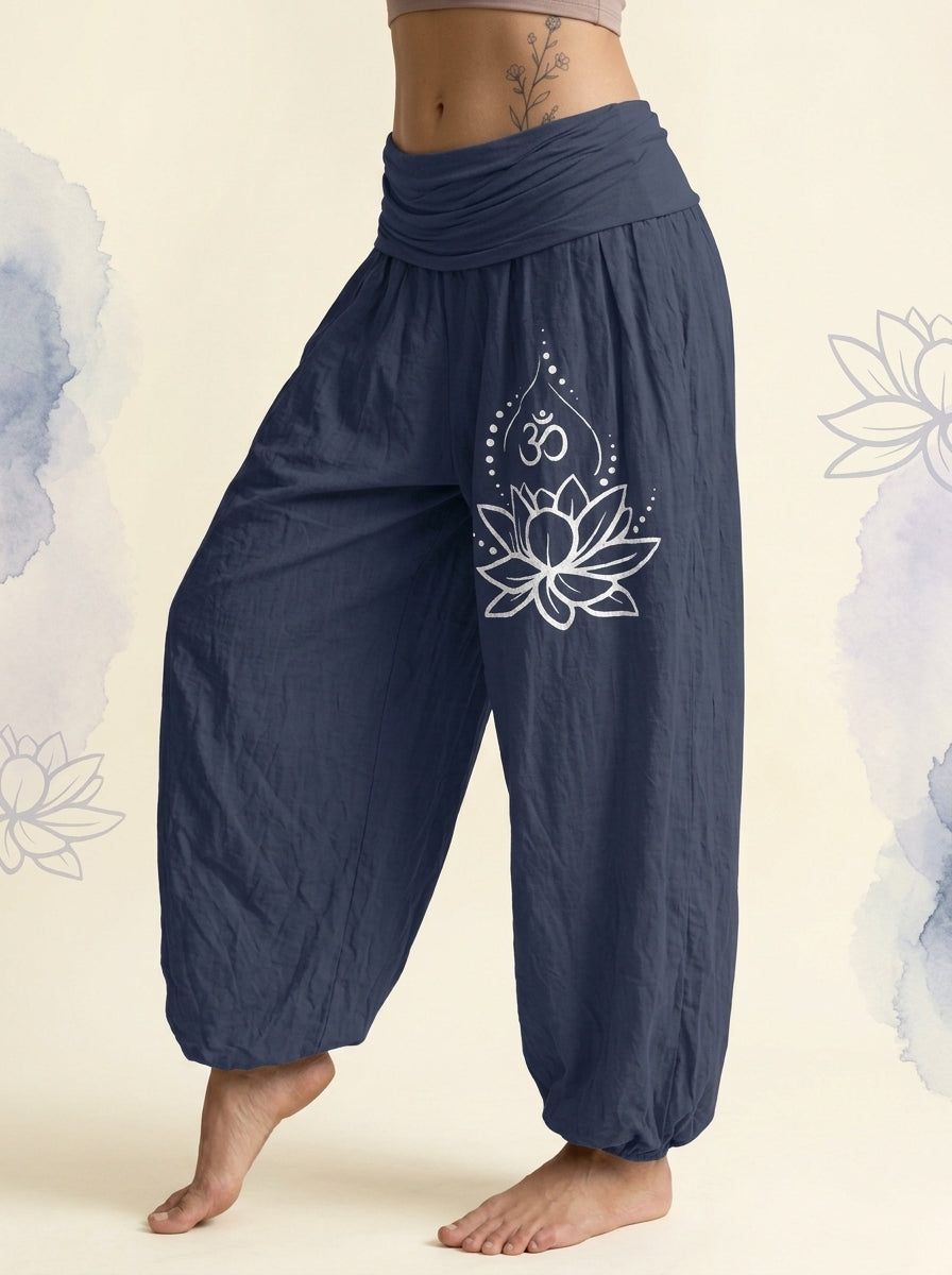 Lotus & Om Cotton Harem Pants in Dark Slate Blue, side view