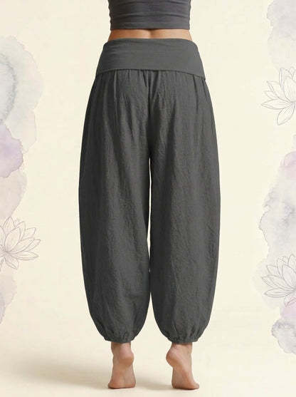 Lotus & Om Cotton Harem Pants in Dim Gray, back view