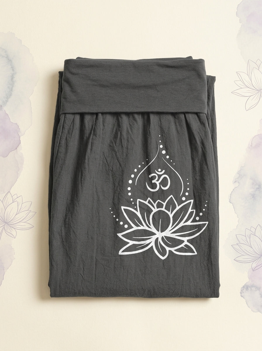 Lotus & Om Cotton Harem Pants in Dim Gray, folded flat