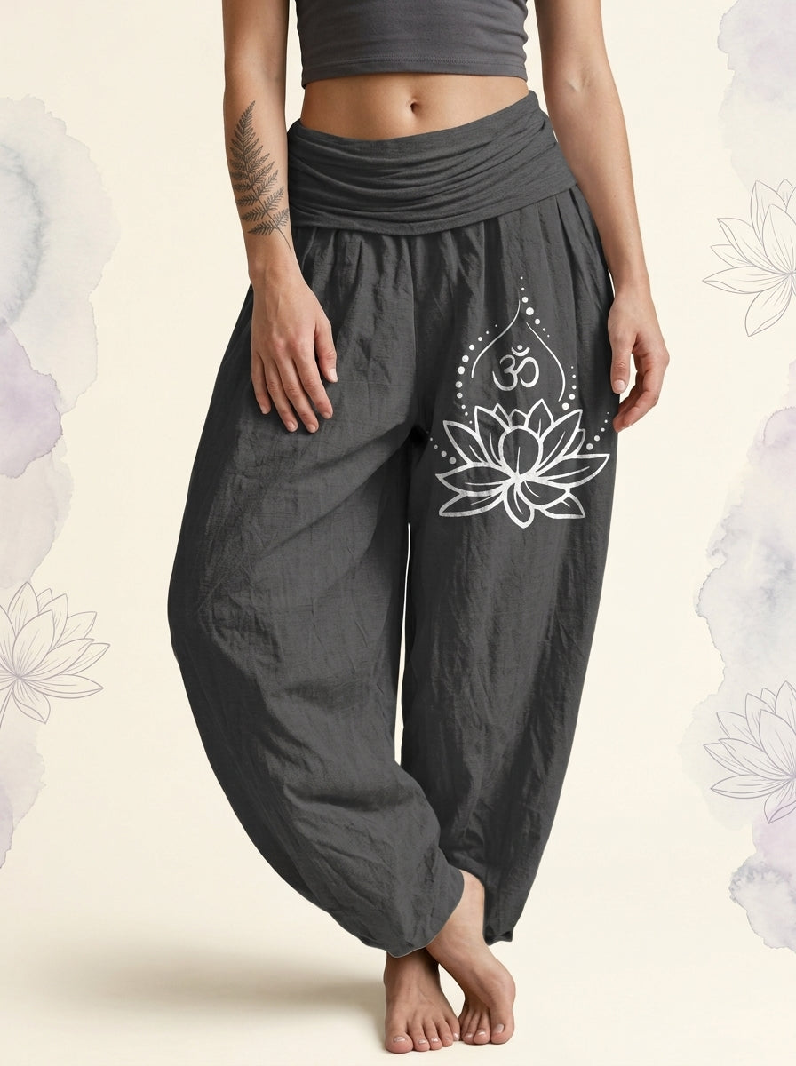 Lotus & Om Cotton Harem Pants in Dim Gray, front view