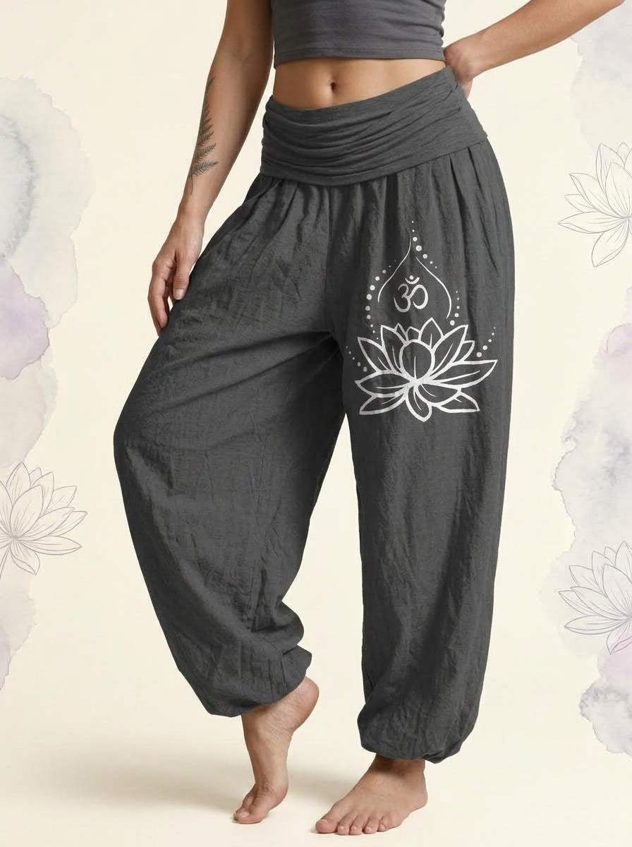 Lotus & Om Cotton Harem Pants in Dim Gray, side view