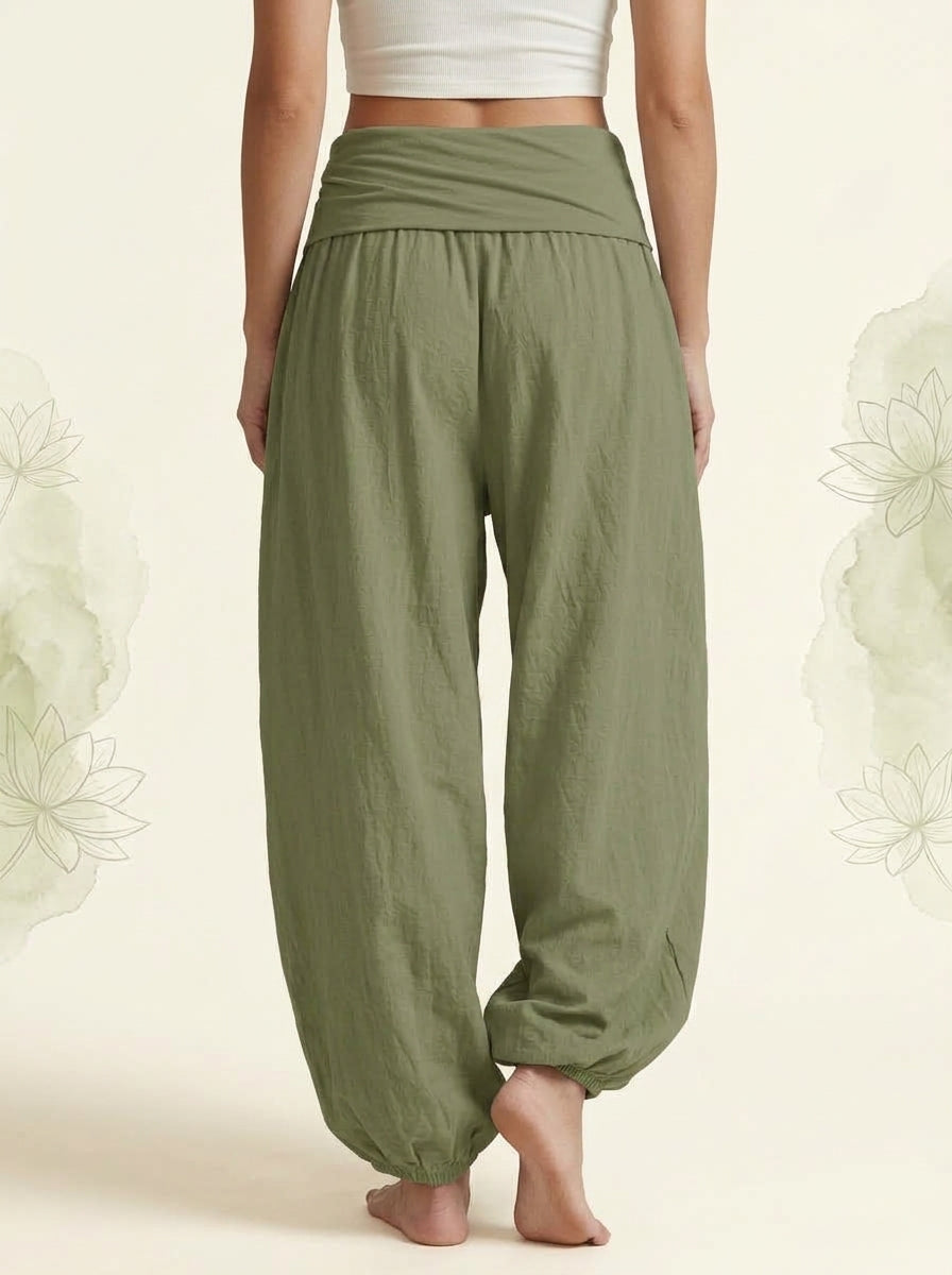 Lotus & Om Cotton Harem Pants in Olive Drab, back view