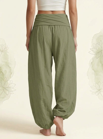 Lotus & Om Cotton Harem Pants in Olive Drab, back view