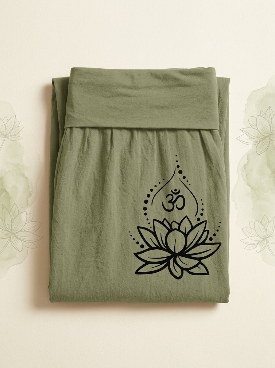 Lotus & Om Cotton Harem Pants in Olive Drab, folded flat