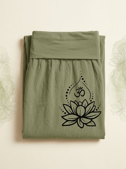 Lotus & Om Cotton Harem Pants in Olive Drab, folded flat