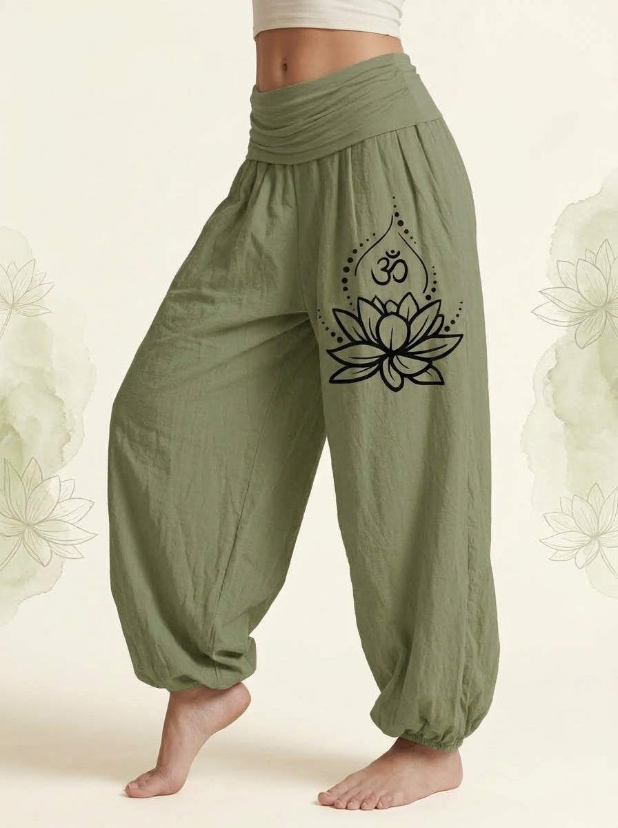 Lotus & Om Cotton Harem Pants in Olive Drab, side view