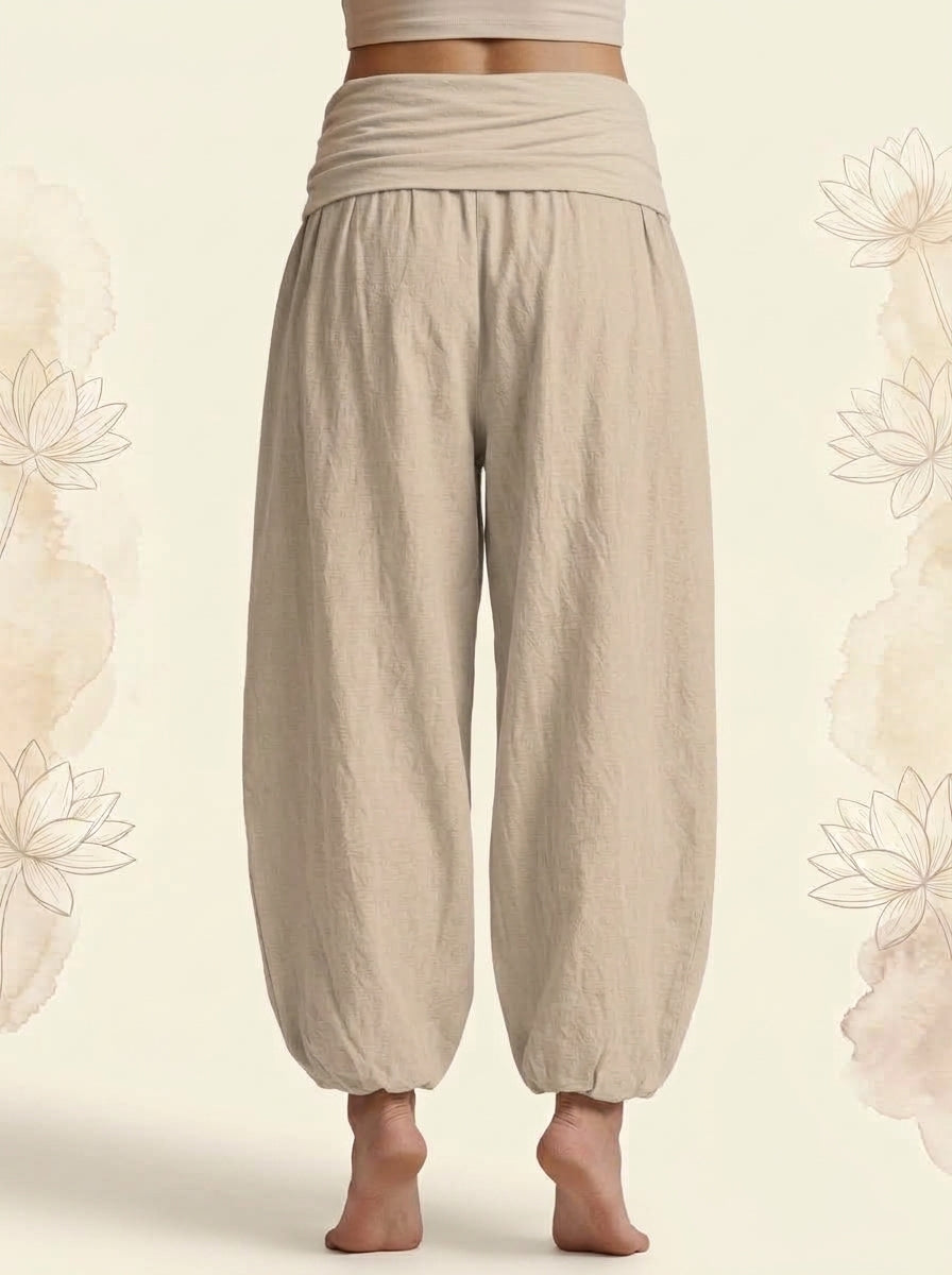 Lotus & Om Cotton Harem Pants in Tan, back view