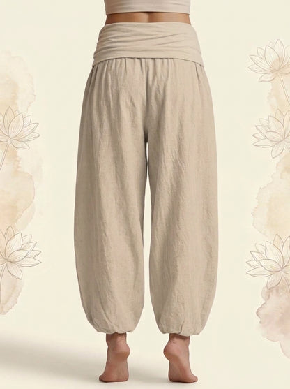 Lotus & Om Cotton Harem Pants in Tan, back view